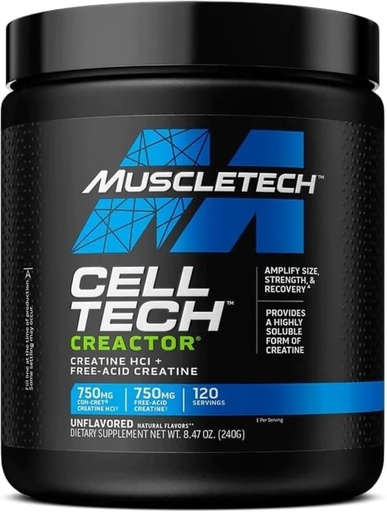 [BRSWIBY6CANQ4YLG] MuscleTech Cell-Tech Kreactor Creatine HCl Powder, Post Workout Muscle Builder for Men & Women,Creatine Hydrochloride + Free-Acid, Unflavored (120 zerbitzatu),8,47 oz