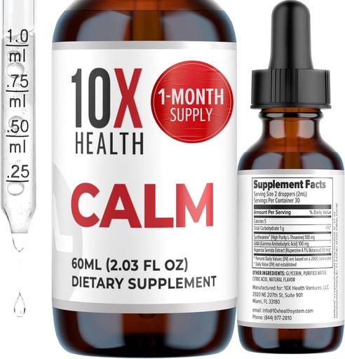[BRSRAZYTCJ6WOHY4] 10X Santé Calm L Theanine Supplément gouttes liquides - 100mg L'Theanine gouttes et 100mg GABA suppléments pour soutenir les nerfs, le calme et le stress - saveur naturelle 2.03 Fl oz.