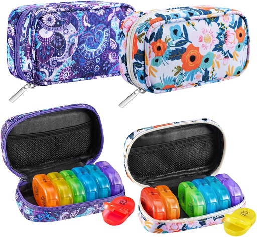 [BRSRAHQTA5YRQEYV] Serfeymi Weekly Travel Pill Organizer 2 Times A Day AM PM Rainbow Pill Box 7 Day with Zipper Canvas Pill Case, Medicine Organizer for Pills, Vitamins, Fish Oils - Purple 01+ Bloom 01