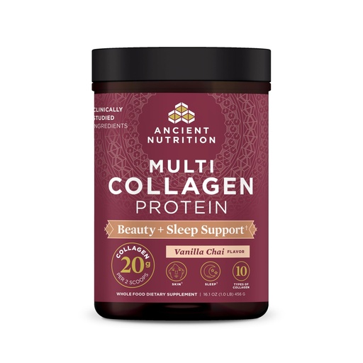 [BRSWGCYKCEPG233A] Ancient Nutrition Collagen Powder Protein, Multi Collagen Protein Beauty + Sleep with Vitamin C, Vanilla Chai, Hydrolyzed Collagen Peptides Supports Skin and Nails, Sleep, 16.1oz