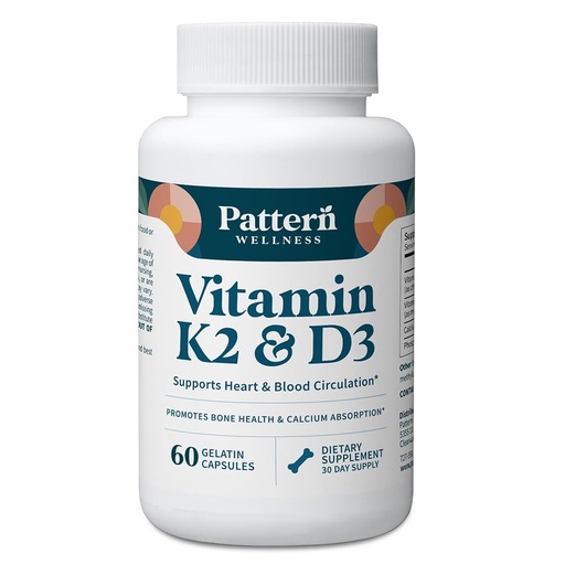 [BRSRMGAEB55WYETJ] Pattern Wellness Vitamin K2 & D3 Supplement with Calcium – Bone Health, Circulatory Wellness & Immune Support - Non-GMO - 60 Capsules