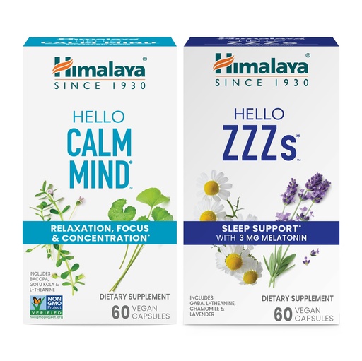 [BRSROFT2OICWOYDA] Himalaya Hello Calm Mind with Bacopa for Relaxation, Focus and Concentration & Hello ZZZs with Melatonin for Sleep Support, 60 Capsules Each - Bundle