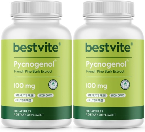 [BRSWGFT3B4NRYFI6] BESTVITE Pycnogenol 100mg (120 Capsules) (60x2) - French Maritime Pine Bark Extract - No Stearates - Gluten Free - Non GMO