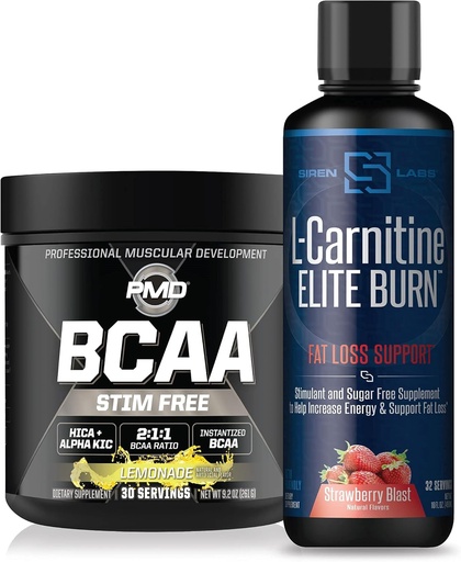 [BRSW2ZA5OYMA223J] PMD Kirolak BCAAren Stim Free Berreskuratzeko eta Errendimenduko Lemonade (30 zerbitzu) eta Siren Labs L-Carnitine Elite Burn Fat Loss Support Strawberry Blast 3000 mg (32 zerbitzu)