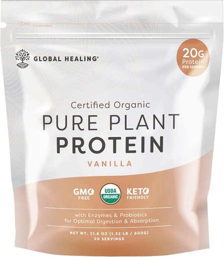 [BRSW2AD7OEBGADT5] Global Healing Vegan Vanilla, Plant Based Protein Powder for Women & Men, Organic, Meal Replacement (20 Servings, 20g of Protein)