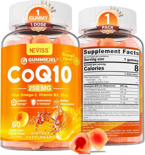 [BRSRMAY5BMHBAHY4] Sugar- Free CoQ10-250mg / 500mg Plněné gumy - Plus Omega-3, EPA + DHA, B3 & Zink - Ultra Co Q-10 Doplňky pro zdraví, Cellular Energy, Antioxidant Support, Až 60 Day Supply, Vegan 60Cts