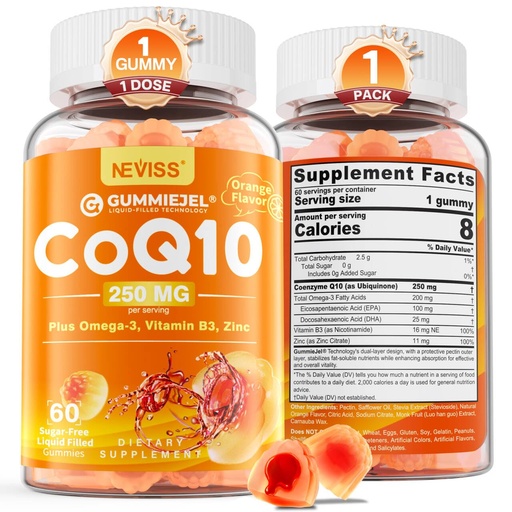 [BRSRMAY5BMHBAHY4] Sugar-Free CoQ10-250mg / 500mg Filled Gummies - Plus Omega-3, EPA + DHA, B3 & Zinc - Ultra Co Q-10 Supplements for Hear-t Health, Cellular Energy, Antioxidant Support, Up to 60 Day Supply, Vegan 60Cts
