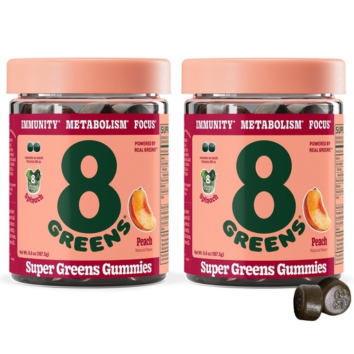 [BRSRMBIYOF7BM3I2] 8Greens Daily Greens Gummies, Peach, 100 Count | Spinach, Wheatgrass, Blue Green Algae, Spirulina, Aloe Vera, Chlorella, and Barley Grass; For Metabolism, Immunity & Focus