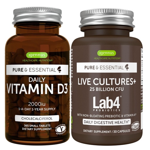 [BRSRMYIDCUPG2CTO] Daily Vitamin D3 + Live Cultures+ Lab4 Probiotics Bundle, 365 2000iu Vitamin D3 Tablets + 25 Billion CFU Lactobacillus Acidophilus & Bifidobacterium with Non-Bloating Prebiotic, by Igennus
