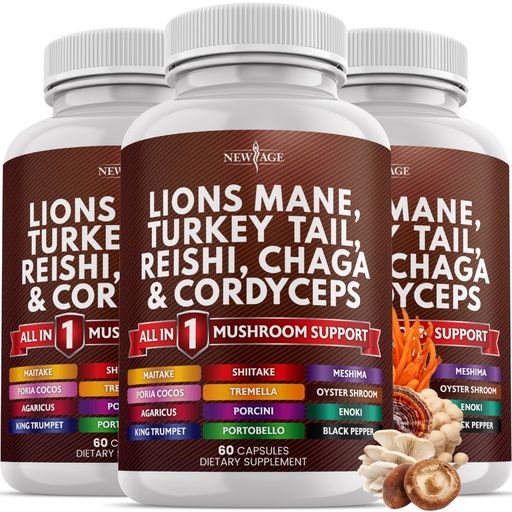 [BRSROCAEAABG2D34] NEW AGE Lions Mane Mushroom Supplement with Turkey Tail Reishi Cordyceps Chaga with Marshmallow Root 180 Count