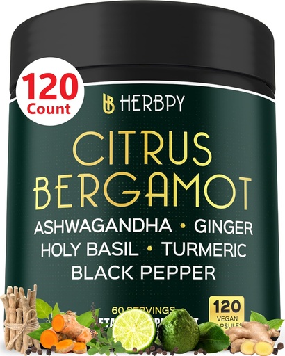 [BRSRAAAZOAJRSCTV] 6in1 Citrus Bergamot Suplemento com Ashwaganda, Santo Basil, Açafrão & Ginger Raiz - Envelhecimento saudável, Imune & Relaxação - 120 Cápsulas Vegan