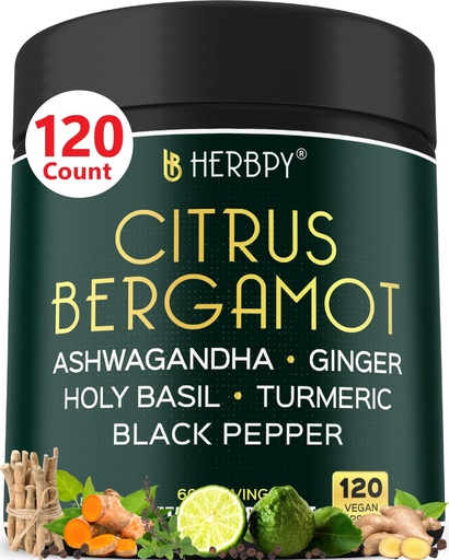 [BRSRAAAZOAJRSCTV] Herbpy 6in1 Citrus Bergamot Supplement with Ashwagandha, Holy Basil, Turmeric & Ginger Root - Healthy Aging, Immune & Relaxation - 120 Vegan Capsules