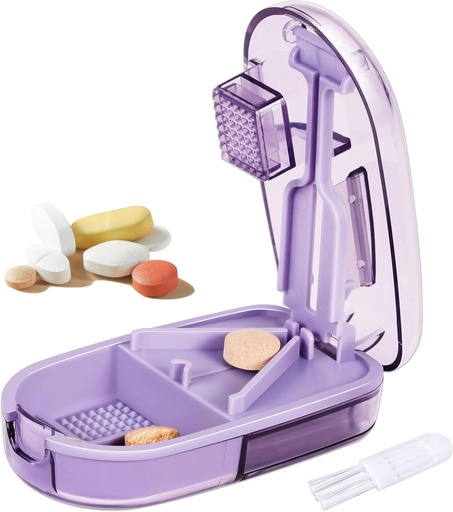 [BRSRAAYQOQAWC3Q6] Pill Cutter Splitter for Small and Tiny Pills, or Large Pills. V-Shaped Design for Multiple Sizes. Safety Blade Guard. Loss-Proof Built-in Small Brush & Sliding Door Pill Storage (Purple)