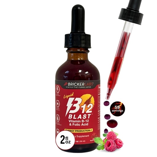 [BRSWK2QOBMNQ4ADA] Bricker Labs B-12 Blast Liquid Vitamin B12 and Folic Acid Supplement, Support Energy Production, Great Tasting Liquid Vitamin B12 Dietary Supplement in Natural Raspberry Flavor, 2 fl oz Bottle
