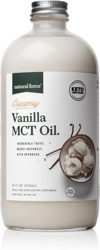 [BRSWYEIQAF6A2DI4] Natural Force Creamy Vanilla MCT Oil – Non Dairy, Keto Certified, Emulsified MCTs for Low-Carb, Ketogenic Coffee, Smoothies, & Shakes - Mixes Instantly + No Blending Required – 16 Oz Glass Bottle