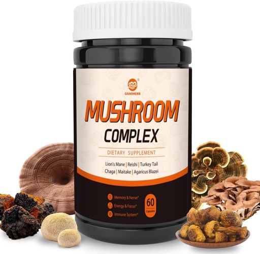 [BRSROYA5A4PROG3L] Mushroom Supplement Complex, Lions Mane, Reishi, Turkey Tail, Chaga, Maitake, Agaricus, 6 High Strength Organic Mushroom for Energy, Focus, Memory & Immune System Support