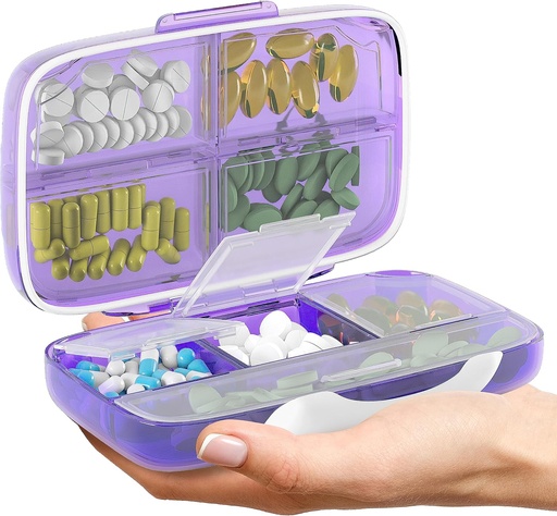 [BRSRMCAZBANQE3LK] Travel Pill Organizer - Airtight Medicine Case for Traveling Portable Pharmacy Box with Labels Vitamin Container 8 Compartment Supplement Medication Holder Large Capacity Daily (Purple)