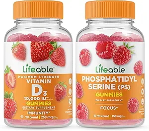 [BRSROFIEAADRY2YV] Lifeable Vitamin D 10000 IU + Phosphatidylserine (PS), Gummies Bundle - Great Tasting, Vitamin Supplement, Gluten Free, GMO Free, Chewable Gummy