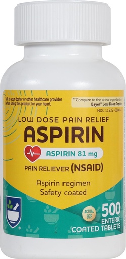 [BRSWIZL7AIDG23DU] Rite Aid Aspirin Enteric Tablets - 81 mg Aspirin - 500 Count - Low-Dose for Headache Relief - Safety Coated - Aspirin Regimen - Migraine Medicine - Pain Relief