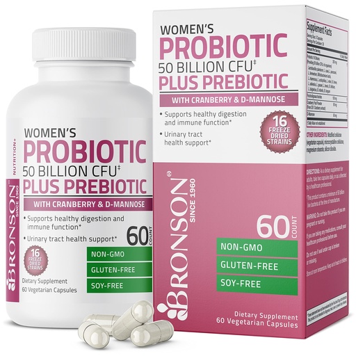 [BRSWYEL2CR7BUCL3] Bronson Women's Probiotic 50 Billion CFU + Prebiotic with Cranberry & D-Mannose – Vaginal Health, Healthy Digestion, Immune Function and Urinary Tract Support, Non-GMO, 60 Vegetarian Capsules