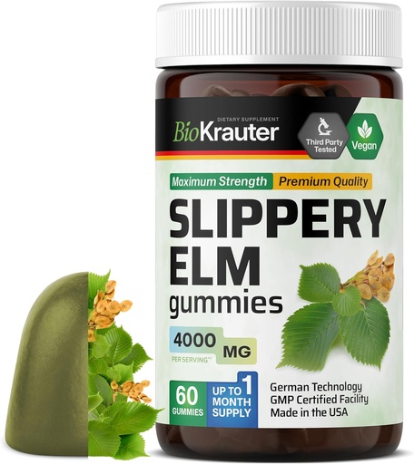[BRSRMEIDAECRAETP] BIO KRAUTER Slippery Elm Gummies 4000 mg - 60 Count 30 Days of Supply - Digestive & Respirační podpora - Ulmus Rubra Gummies for Lungs - Slippery Elm Bark for Women & Men - Vegan, GMO- zdarma