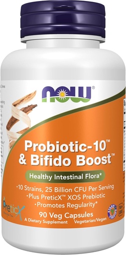 [BRSWGHD2OF6BADTK] NOW Foods Supplements, Probiotic-10™ & Bifido Boost™ with 10 Strains, 25 Billion CFU Per Serving, plus PreticX™ XOS Prebiotic, 90 Veg Capsules
