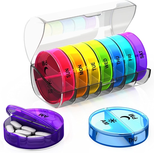 [BRSWYYYZCMCWYADK] Weekly Pill Organizer 2 Times a Day - Large Capacity –Travel Pill Box 7 Day with Airtight Lid Lock – Portable Pill Case for Purse – Ideal for Vitamins, Supplements, and Fish Oil Pills (Rainbow)