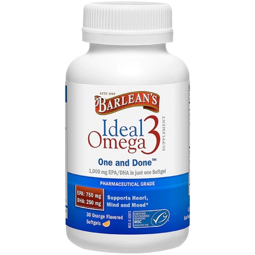 [BRSWIEA3OAIAKDTO] Barlean's Ideal Omega 3 Nutritional Supplement Softgels with 1,000mg EPA/DHA for Heart, Mind, and Mood - Certified Sustainable Seafood, Pharmaceutical Grade - 30-Count