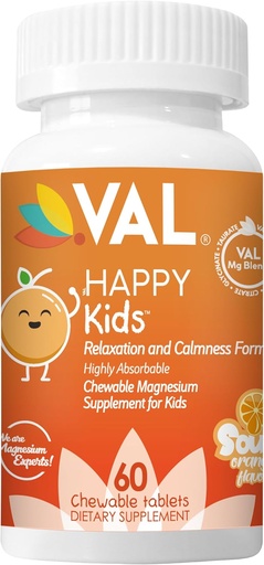 [BRSWYZT2BAAREGTU] VAL Kids Magnesium | Calm + Focus Formula | 100mg Mg (Glycinate, Citrate, Taurate) + B6, D3, C | Sugar-Free, Non-GMO | Fun Chewable Tablets | Orange Flavor | 60 Ct