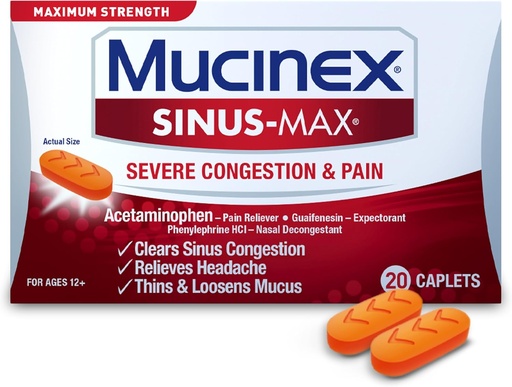 [BRSWI2YRCIAQKCQ3] Mucinex Sinus-Max Severe Congestion Relief Caplets, 20 Count