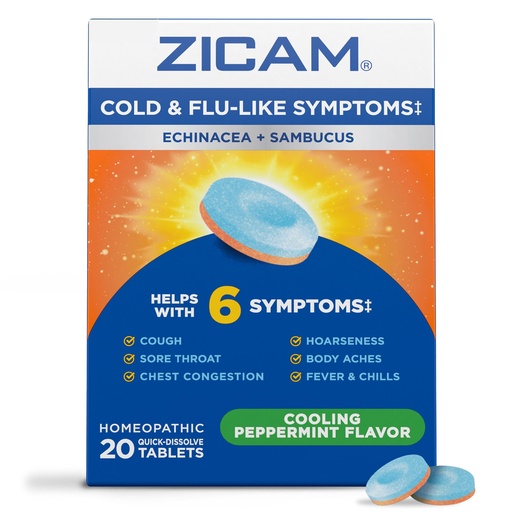 [BRSROEAYB5YAEDQ2] Zicam Cold & Flu-Like Symptoms with Echinacea and Sambucus, Homeopathic, Zinc, Cooling Peppermint Flavor, Helps with Cold Symptoms, 20 Tablets