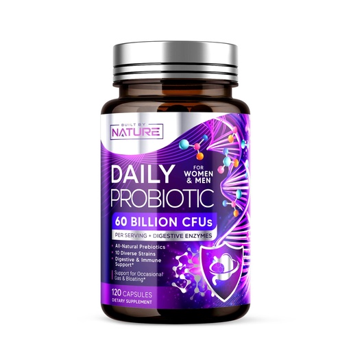 [BRSRAYL2DJ6WKYA3] Built by Nature Probiotic for Women & Men – 60 Billion CFU, 10 Strains + Prebiotics & Digestive Enzymes – Supports Digestive, Immune, Reduce Gas & Bloating – Shelf Stable, Non-GMO - 120 Capsules