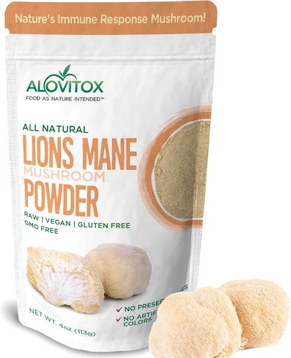 [BRSWYELQBAPAEDL4] Alovitox Organic Lion's Mane Mushroom Powder | Natural Superfood for Brain, Energy & Immune Health, Provides Neural Support, GI Protection, Cardiovascular Benefits | Non-GMO, Vegan, Gluten-Free | 4 oz