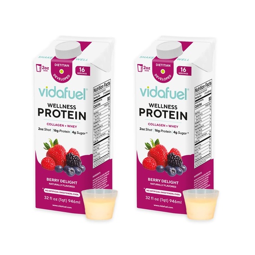 [BRSRMAT2OECGCGTH] Vidafuel Wellness Protein Drink, 16g Protein per 2oz Shot, 32 fl oz Carton, 2 Pack, Berry, Collagen and Whey Drink, No Artificial Sweeteners