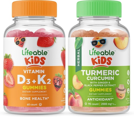 [BRSROZI2PJ7R4EQY] Lifeable Vitamin D3 + Vitamin K2 Kids + Turmeric Curcumin Kids, Gummies Bundle - Great Tasting, Vitamin Supplement, Gluten Free, GMO Free, Chewable Gummy