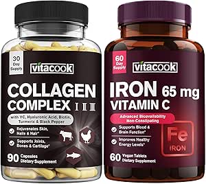 [BRSRAFAZBABQEG32] Collagen Peptides and Iron Bundle, 2025 MG Collagen, Zero Sugar, 65 MG Elemental Iron, Carbonyl Iron with Vitamin C, Gentle on The Stomach