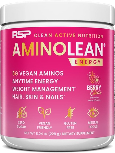 [BRSRMBITOANAEFLV] RSP NUTRITION AminoLean Pre Workout, Enerxía limpa sen Jitters, Tingles ou Crash, Vegan Friendly con Biotina engadida para cabelo, pel, unhas, Berry Elixir, 30 Serviciones