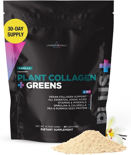 [BRSROZ3QCMBRUELX] Livingood Daily Plant Collagen + Greens Powder, Vanilla Flavor, 5-in-1 Collagen Support with Pea Protein, Amino Acids, Spirulina, Chlorella & Vitamin C, Hair Skin Nails Support, Vegan, 30 Servings