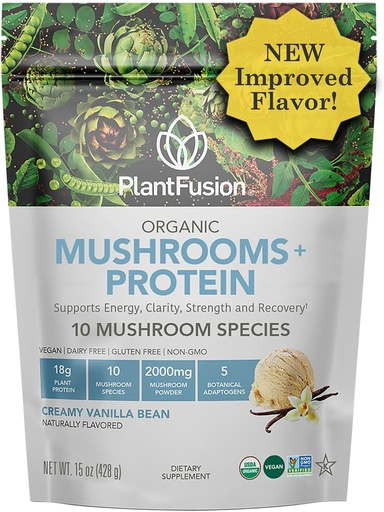 [BRSROGINPIPR6GTD] Poudre de protéines de champignons de plantation - 3 en 1 Poudre de protéines de végétalien, supplément de champignons et supplément d'adaptogène - Soutenir la concentration mentale, l'immunité et la récupération - Vanille 1lb