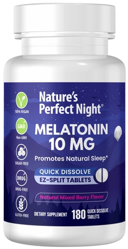 [BRSW2BIRCRYAMHLK] Nature's Perfect Night | Melatonin 10mg | 180 Quick Dissolve Tablets | Natural Mixed Berry Flavor |High Potency | Sugar Free | Vegan | Gluten Free | Value Size