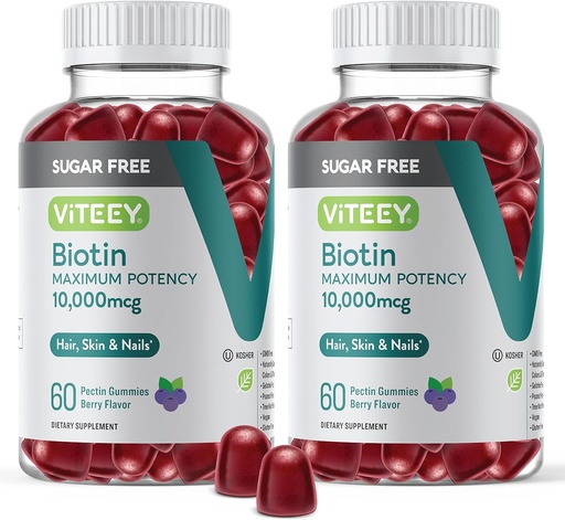 [BRSRMHQTCB6GKEQ7] Viteey Biotin Gummies for Hair, Skin, and Nails 10,000mcg - Sugar Free - Hair Growth Gummies, Healthy Skin Glow, Strong Healthy Nail Growth - Vegan, Gluten Free, Gelatin Free- Tasty Berry Flavor