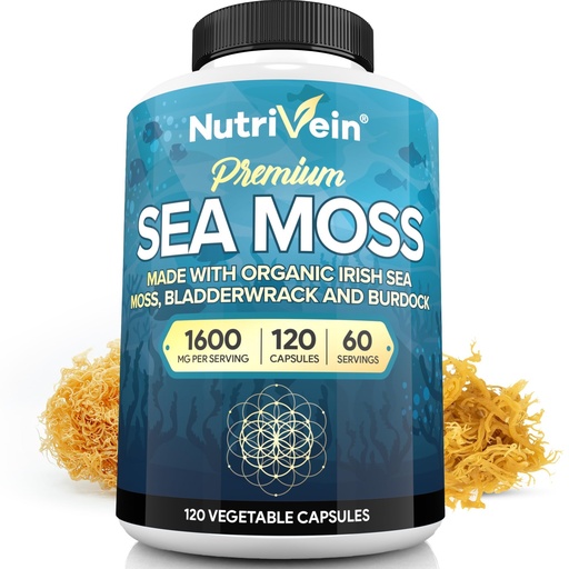 [BRSWY237DIBG2HLD] Nutrivein Organic Sea Moss 1600mg Plus Bladderwrack & Burdock - 120 Caps for Adults - Prebiotic Super-Food - Immune System & Digestive Health - Thyroid, Skin, Keto Detox, Gut, Joint Support