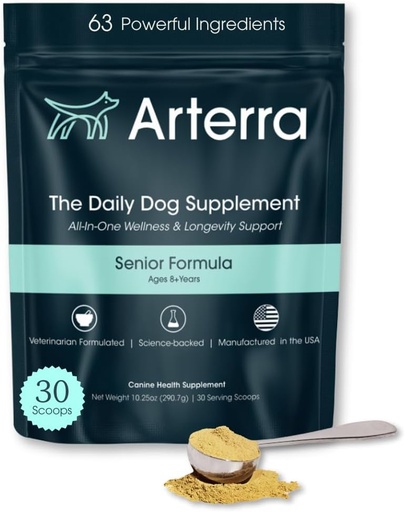 [BRSRAYIYAUCAKFA7] Senior Dog Powder Supplement & Food Topper – 63 Ingredients for Joint, Gut, Immune & Brain Health – Daily Longevity Multivitamin with Glucosamine, Probiotics, and Fish Oil | 30 Scoops