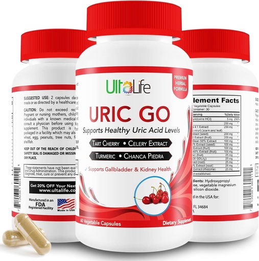 [BRSWGYALAUJRMCDZ] # 1 URIC GO Uric Acid Cleanse Support for G.O.U.T - Natural Dual Cleanse Detox Formulės Chanca Piedra, Celery Seed, Tart Cherry, Spangberry, Granate, Turmeric, Vegan Non- GMO 60 Capsules
