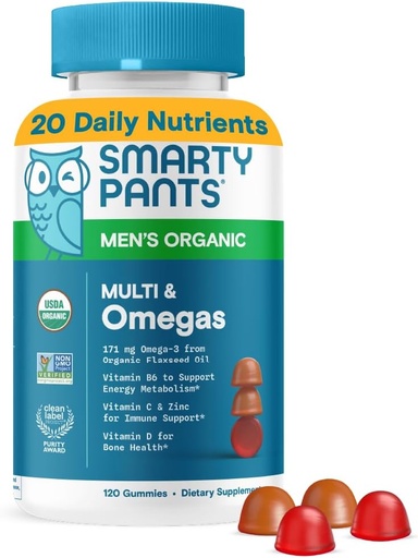 [BRSRA232OF6GECYZ] SmartyPants Multivitamin for Men, Organic Gummies: Methylfolate, Omega 3 (ALA), Vitamin D3, C, Vitamin B12, B6, A, K & Zinc for Immune Support, Biotin, Vegetarian, 120 Gummies (30 Day Supply)