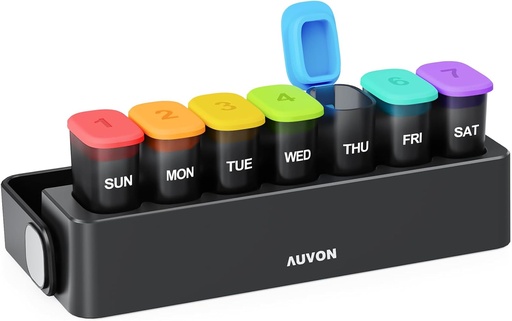 [BRSRAGQ3CEJRQFD2] AUVON Moisture-Proof Weekly Pill 组织者,配有锁定设计,Sleek Pill Box 7天易用,保护隐私的黑药丸案,药物的药丸持有者,维生素,鱼油,补充品