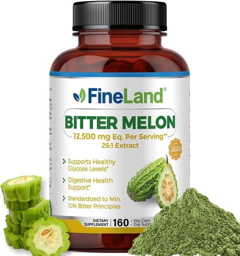 [BRSRAHQ6DIPQ43TA] FineLand Bitter Melon 25:1 Extrakt 12.500mg Stärke, 10% Bitter Prinzipien, 160 Vegan Kapseln, unterstützt Verdauungsgesundheit, Standardisiert und konzentriert 25X Extrakt, Non-GMO Made in USA