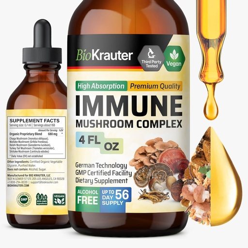 [BRSWYEIEB4HRUG3X] BIO KRAUTER Immune Support Mushroom Supplement - Lions Mane, Shiitake, Turkey Tail, Reishi, Chaga & Maitake Liquid Extract - Mushroom Complex Tincture - Vegan Drops 4 Fl.Oz.