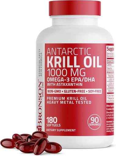 [BRSWKH36CAGB2GA3] Bronson Antarctic Krill Oil 1000 mg with Omega-3s EPA, DHA, Astaxanthin and Phospholipids 180 Softgels