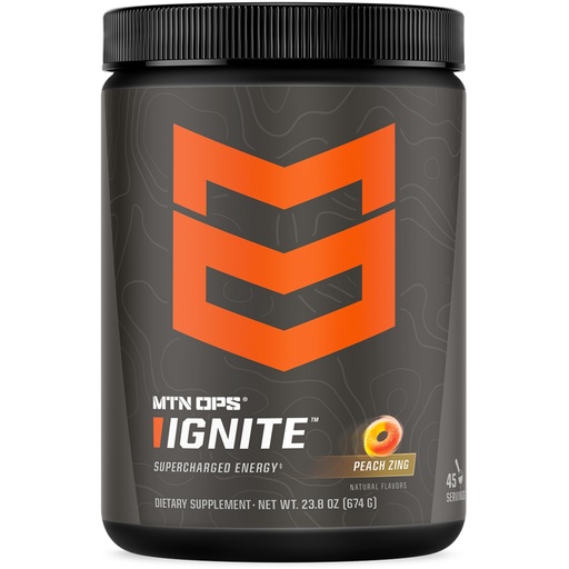 [BRSRAYI3CEHREA3J] MTN OPS Ignite Sugar Free Energy Drink Powder with 200mg Caffeine, Nootropic Blend for Energy, Focus & Endurance, L Arginine & L Citrulline Pre Workout, 45 Servings, Peach Zing
